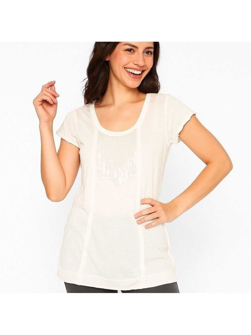 CALVIN KLEIN JEANS White Tee with Sparkling Sequin Trim on Front Size M